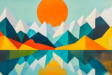 Colourful mountain landscape with orange sun by Poster Art Shop