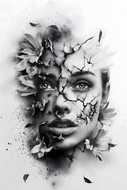 Bloemen en fragmenten omringen een zwart-witportret. van Minimal Blue