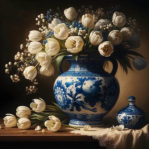 Nature morte ; vase bleu de Delft avec tulipes