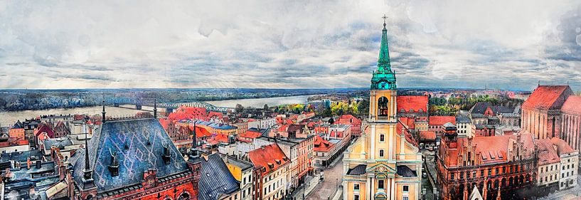 Toruń stad aquarel panorama #Toruń van JBJart Justyna Jaszke