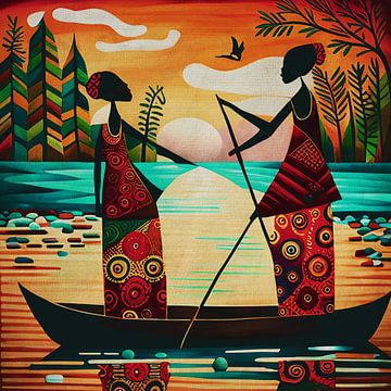 Afrikaanse dames zeilen in een boot van Jan Keteleer