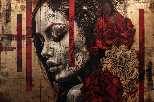 Mysterieus portret met bloemen en patronen