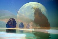 Woman in colorful landscape with the earth as a background (World)