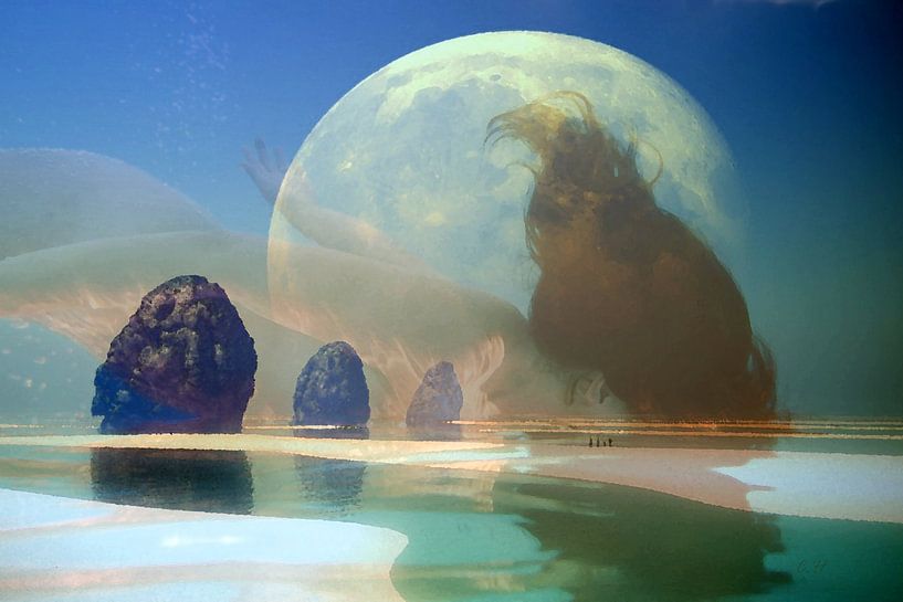 Frau in bunter Landschaft mit der Erde als Hintergrund (Welt) von Cor Heijnen