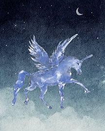 Tableau mural « Licorne dans le ciel nocturne » – Affiche décorative pour chambre d'enfant sur Fuzzy Stardust Studio