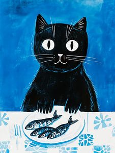 Schwarze Katze mit Sardinen in Blau