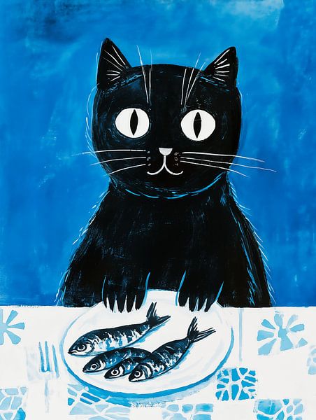 Schwarze Katze mit Sardinen in Blau von Frank Daske | Foto & Design