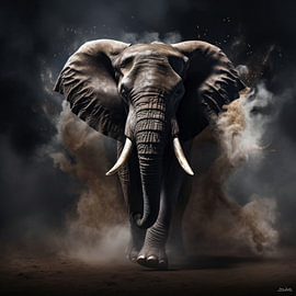 469 – Painting of an elephant, dust, sand, smoke, in a painted style, art by John Joseb Art