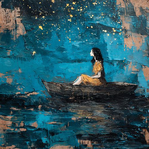 Drijvend meisje in een bootje onder vallende sterren