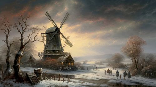 Hollands winterlandschap schilderij met molen