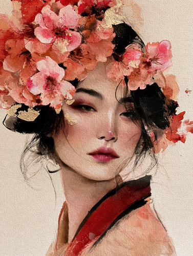 Aziatisch Portret met Roze Kersenbloesem en Bladgoud