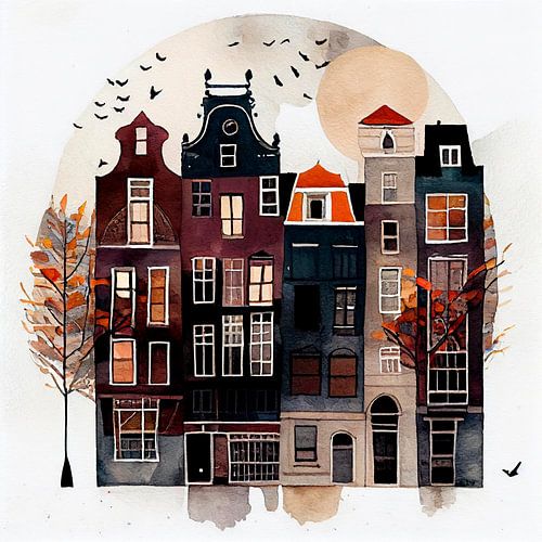 Amsterdam canal houses with watercolour