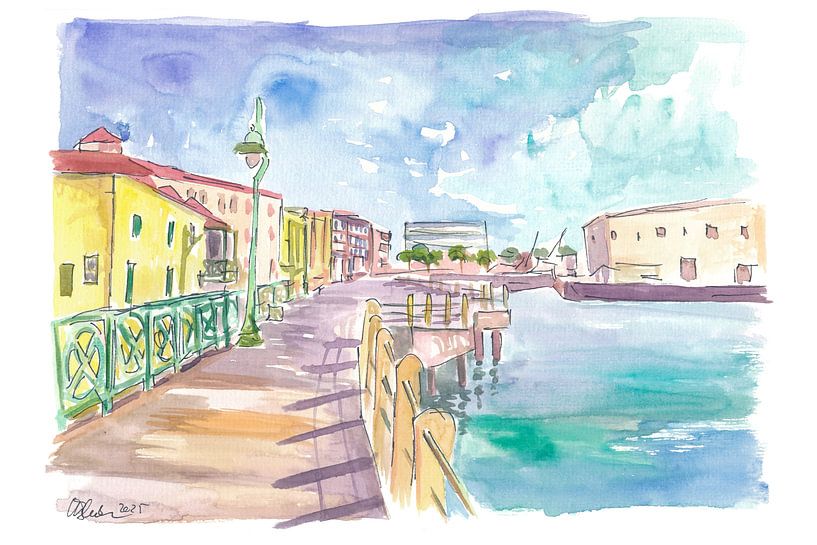 Sunlight Bridgetown boardwalk promenade scene with harbour in Barbados by Markus Bleichner