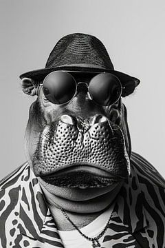 Stijlvol nijlpaard met zonnebril en hoed in zwart en wit van Poster Art Shop