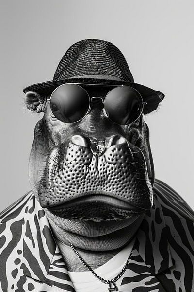 Hippopotame élégant avec lunettes de soleil et chapeau en noir et blanc par Poster Art Shop