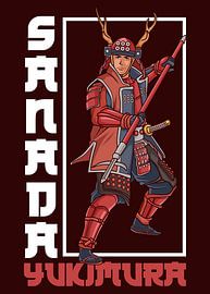 Sanada Yukimura met speer in rood harnas