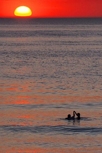 Couple dans la mer au coucher du soleil