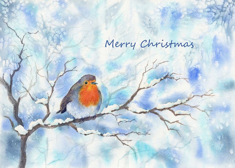 Rotkehlchen in einer Winterlandschaft Merry Christmas von Karen Kaspar