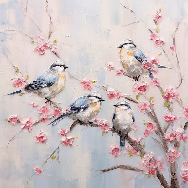 Vier Vögel auf rosa Kirschblüte von Bianca ter Riet