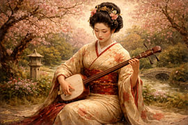 Geisha mit Shamisen im Frühlingsgarten – Sammlung japanischer Kunst von Johannas Art Creations