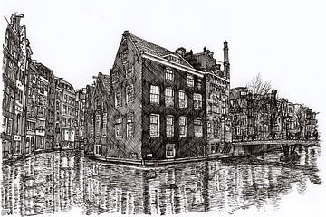 Tekening Oudezijds Voor- en Achterburgwal hoekpanden Amsterdam van Hendrik-Jan Kornelis