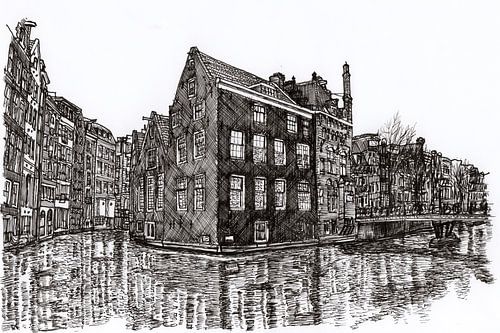 Tekening Oudezijds Voor- en Achterburgwal hoekpanden Amsterdam