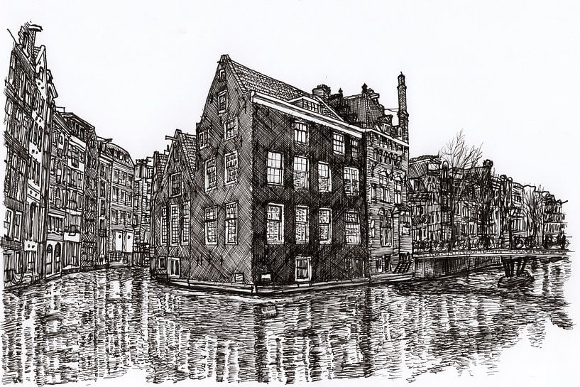 Zeichnung Oudezijds Voor- und Achterburgwal Eckgebäude Amsterdam von Hendrik-Jan Kornelis