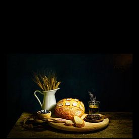 Nature morte avec pain, chocolat, myrtilles, café sur Saskia Dingemans Awarded Photographer