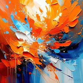 Oranje tegen ijsblauw - waar kleuren worstelen: Een uitbarstende botsing van vurig oranje, kristalblauw en een nauwelijks waarneembaar vleugje wit van AidasignArt