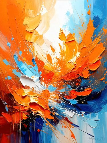 Oranje tegen ijsblauw - waar kleuren worstelen: Een uitbarstende botsing van vurig oranje, kristalblauw en een nauwelijks waarneembaar vleugje wit