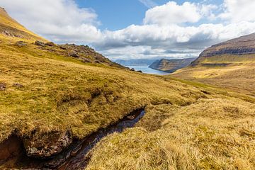 Un ruisseau de montagne se jette dans un fjord des îles Féroé.