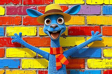 Blije blauwe kangoeroe voor kleurrijke muur van De Muurdecoratie