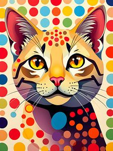 Grafische kat omringd door kleurrijke stippen en geometrische patronen