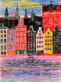 Amsterdam canal-side houses in bright colours by Lauren Wilde