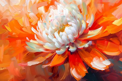 Abstracte schilderij van een oranje en witte bloem