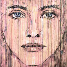 SHE in black | Portrait of a woman in black and white, neutral colours, blue eyes by Anja Namink - Paintings