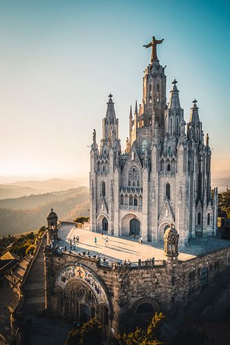 Mountain Tibidabo Barcelona with Temple of the Sacred Heart of Jesus .