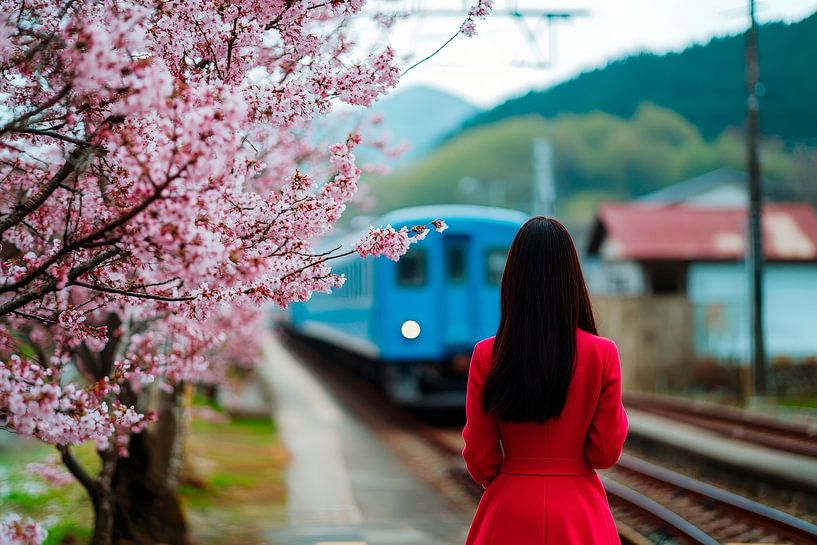 Femme sur un quai de gare avec des fleurs de cerisier par Poster Art Shop