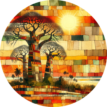 Collage 3 baobabs in de namiddag in Afrika van Lois Diallo