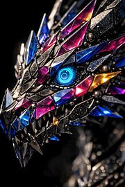 Mechanischer Kristall-Drachenkopf – farbenfrohe Fantasy-Cyborg-Kunst von Faheem Beigh