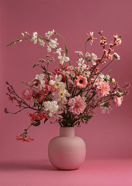 Gemischter Blumenstrauß in rosa Vase von Sander Hupkes