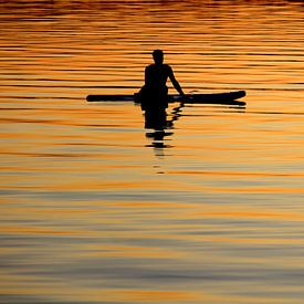 Silhouetted paddle boarder peaceful sunset by Imladris Images