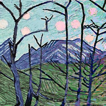 7 soleils, une montagne et une vallée avec des arbres nus No 2 sur Anna Marie de Klerk