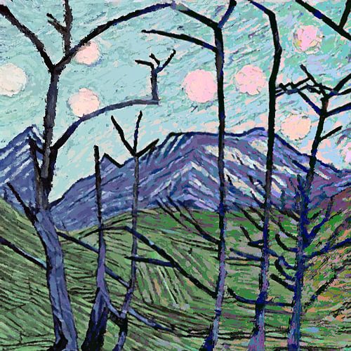 7 soleils, une montagne et une vallée avec des arbres nus No 2
