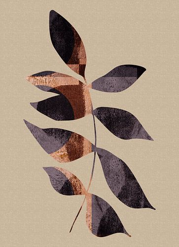 Blad in donker taupe en roestbruin. Wabi- sabi botanische collage.