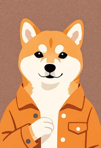Stijlvolle Shiba Inu-hond in jasje – schattige, moderne wanddecoratie met dierenportret