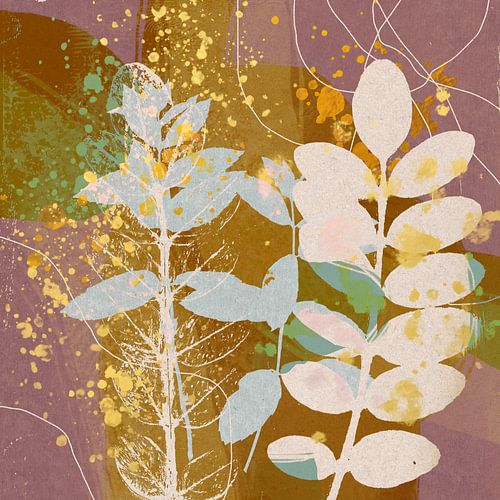 Abstracte retro botanische bladeren in paars, roze, goud, geel, groen, bruin
