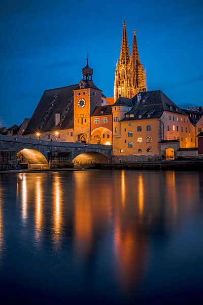 Regensburg 's avonds Stenen brug, kathedraal en Donau bij nacht van Thilo Wagner