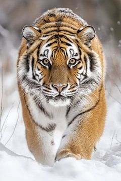 Een siberische tijger wandelt in de sneeuw. van Monique Leenaerts
