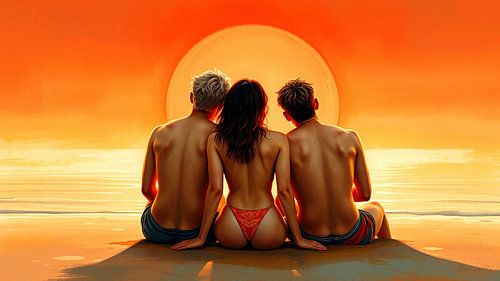 Deux jeunes hommes et une femme au bord de la mer au coucher du soleil - une proximité érotique dans l'éclat du soleil couchant